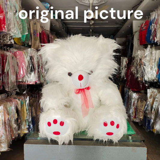 Large White Teddy Bear with Red Bow – Imported Soft Plush Toy