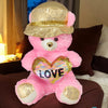 Large Pink Teddy Bear with Sequin Heart LOVE and Golden Hat