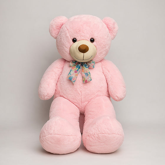 Charming 3.5ft Pink Teddy Bear with a Colorful Floral Bow – Soft and Huggable