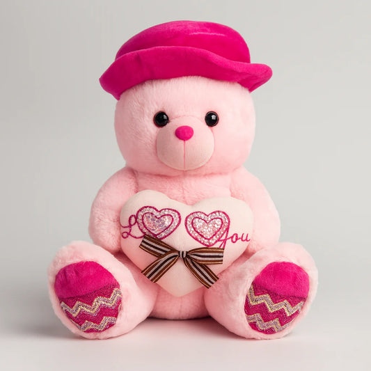 Cute Pink and Stuffy Teddy Bear with Bow & Double Heart Cushion - Lahore Toy Box