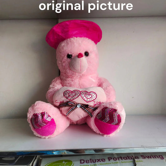 Cute Pink and Stuffy Teddy Bear with Bow & Double Heart Cushion - Lahore Toy Box
