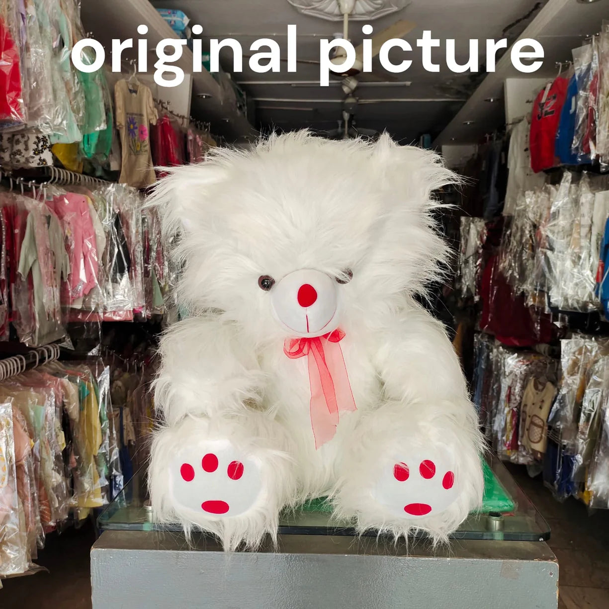 Large White Teddy Bear with Red Bow – Imported Soft Plush Toy