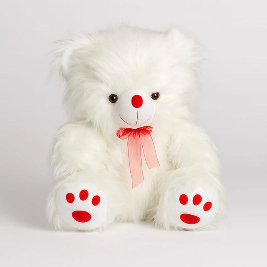 Small White Teddy Bear with Red Bow – Soft Plush Toy