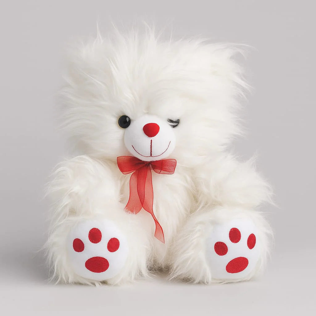 Small White Teddy Bear with Red Bow – Soft Plush Toy