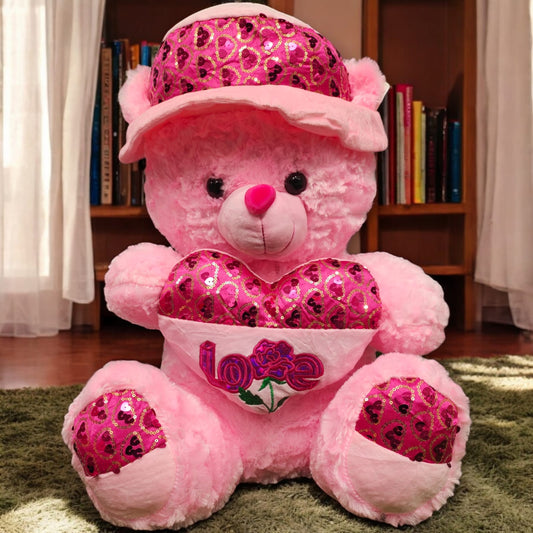 Pink Teddy Bear with Sparkling Cap & Heart "Love" Cushion - Lahore Toy Box