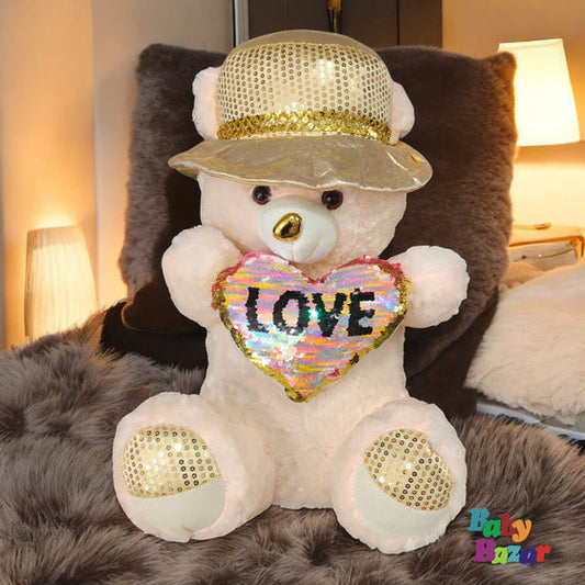 Skin Tone Teddy Bear with Love Heart & Golden Cap - Lahore Toy Box