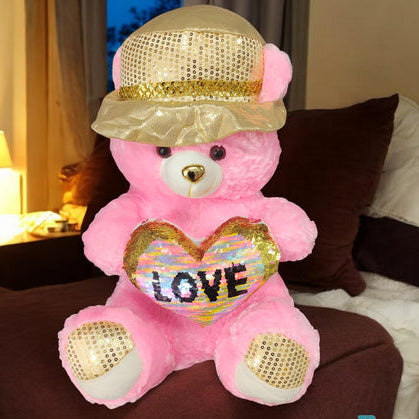 Large Pink Teddy Bear with Sequin Heart LOVE and Golden Hat - Lahore Toy Box