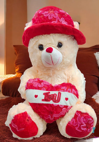 Medium Skin Tone Teddy Bear with Red Cap & Embroidered Love Heart - 20 Inch - Lahore Toy Box